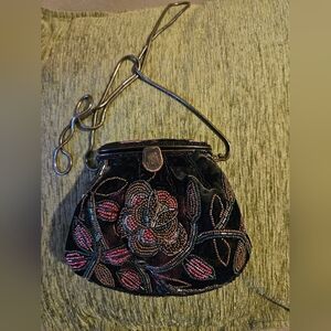 Vintage Velvet Floral Beaded Purse. Satin Interior With Pocket.